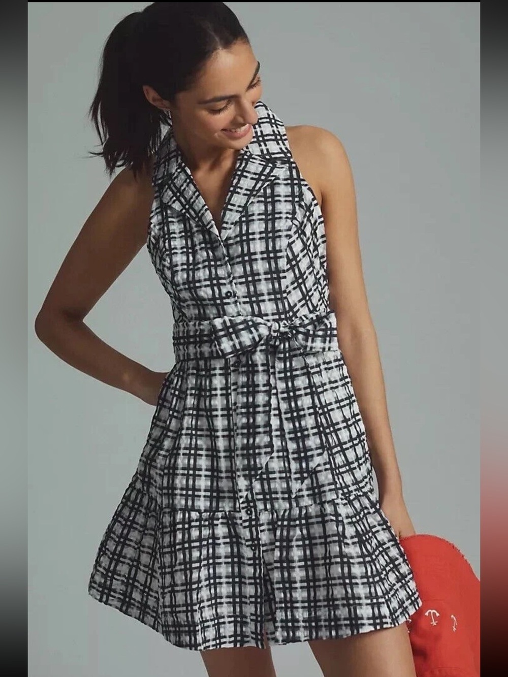 Maeve Anthropologie Black and White Plaid Tiered Mini Dress Cotton Size 10